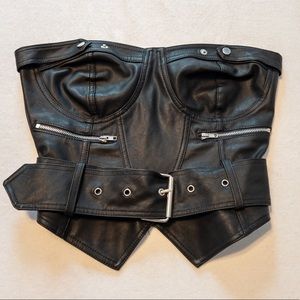 Black faux leather corset top with belt
